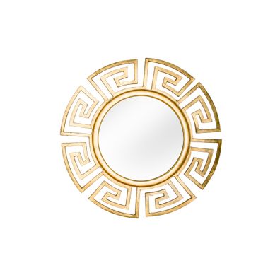 Estila Art deco okrúhle nástenné zrkadlo Euphoria so zlatým kovovým rámom s geometrickým vzorom a hladkým lesklým povrchom 85 cm