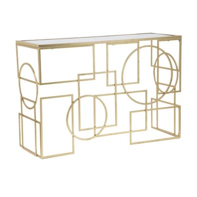 Estila Dizajnový art deco zlatý konzolový stolík Jazzy s geometricky zdobenou podstavou a zrkadlovou vrchnou doskou 120 cm