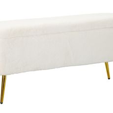 Estila Art deco obdĺžniková kožušinová čalúnená biela lavica Pasil s úložným priestorom a zlatými kovovými nožičkami 112 cm