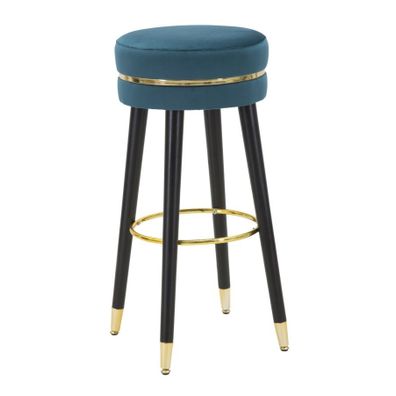 Estila Art deco barová stolička Laurentia s modrým zamatovým sedadlom so zlatým detailom a čiernymi kovovými nožičkami 74 cm
