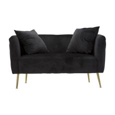 Estila Art deco obdĺžniková prešívaná čalúnená dvojmiestna zamatová čierna sedačka Zeran so zlatými kovovými nožičkami 127 cm