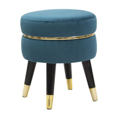 Estila Art deco čalúnená okrúhla taburetka Laurentia v petrolejovej modrej farbe so zlatými detailmi a čiernymi nožičkami 40 cm