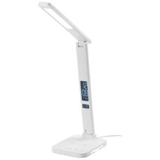 LED stolná lampa, bezdrôtové nabíjanie, voľba intenzity svetla, s displejom, hodiny, budík, teplomer, 4 W, biela