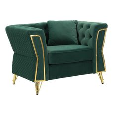 Estila Glamour kreslo Velaria s tmavo zeleným zamatovým čalúnením s prešívaním so zlatými detailmi a kovovými nožičkami 104 cm