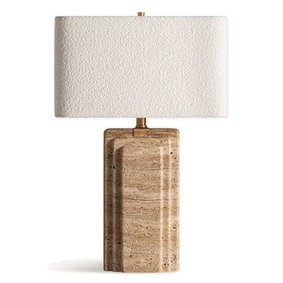 Estila Luxusná art deco travertínová stolná lampa Rake v béžovej pieskovej farbe so štvorcovým bouclé bielym bavlneným tienidlom 67 cm