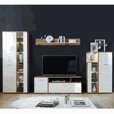Obývacia stena, biela vysoký lesk HG/dub artisan, REVEL