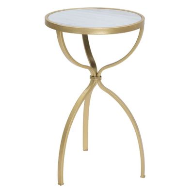 Estila Art deco príručný stolík Amadora so zlatou kovovou konštrukciou a okrúhlou bielou sklenenou doskou s mramorovým efektom 55 cm