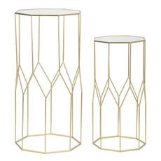 Estila Art deco set osemuholníkových kovových zlatých príručných stolíkov Lamier so sklenenou vrúbkovanou doskou 100 cm