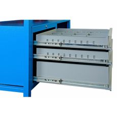 Dielenský pracovný stôl GD, 5 zásuviek, smrek + buková preglejka, 5 zásuviek, 1 skrinka, 1190 x 600 x 850 mm, modrá / sivá
