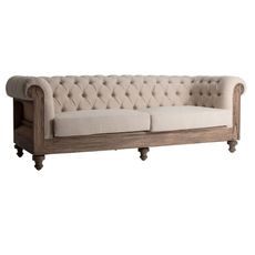 Estila Luxusná vintage sedačka Gretchen so svetlou hnedou drevenou konštrukciou a béžovým čalúnením v chesterfield štýle 238 cm