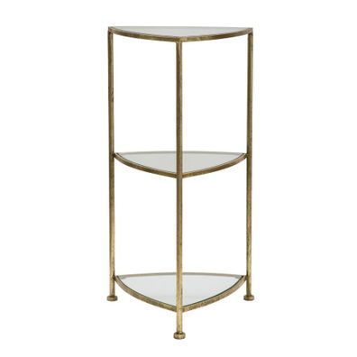 Estila Art deco príručný stolík Vesper s trojuholníkovým tvarom a priehľadnými sklenenými policami so zlatou kovovou konštrukciou 80 cm
