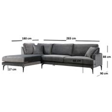 Elegantná rohová pohovka Velour 283 x 180 cm, ľavá, antracitovo sivá