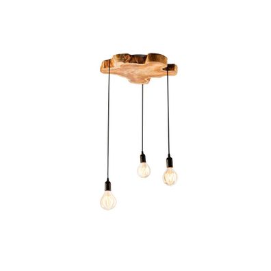 Estila Dizajnový industriálny luster Hypnotic s prvkom z hnedého masívneho dreva longan a tromi visiacimi žiarovkami 80 cm