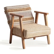 Estila Luxusné retro kreslo Bodhi so vzorovaným pruhovaným béžovým poťahom a hnedým rámom z mangového dreva 71 cm