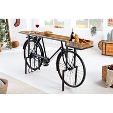 Estila Industriálny dizajnový barový pult Bicycle s masívnou doskou a čiernou podstavou s kolesami 194cm