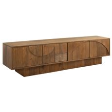 Estila Dizajnový art deco obdĺžnikový TV stolík Sonia z hnedého mangového dreva so štyrmi dvierkami s geometrickým reliéfom 200 cm