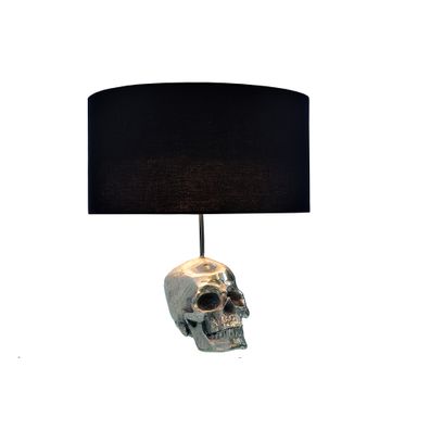 Estila Štýlová glamour okrúhla kovová strieborná stolná lampa Skull s nohou v podobe lebky a čiernym textilným tienidlom 44 cm