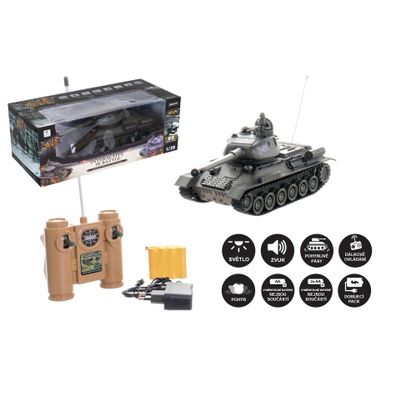 Teddies Tank RC T-34/85 so zvukom a svetlom, 33 cm, na batérie + dobíjací pack 27 MHz