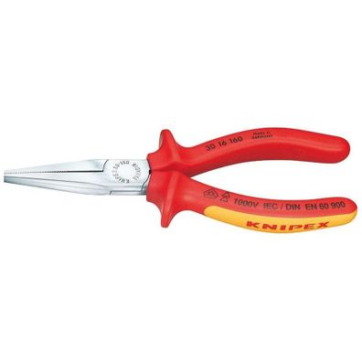 Ploché kliešte typu Langbeck (s predĺženými čeľusťami) 160 mm - 1000 V. KNIPEX 30 16 160 - chrómované, viackomponentné VDE objímky