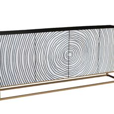 Estila Dizajnový art deco čierno biely príborník Tocón s metalickou zlatou podstavou a reliéfnym zdobením štyroch dvierok 177 cm