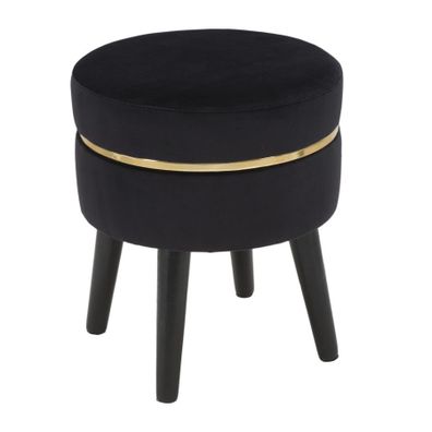 Estila Art deco okrúhla čierna zamatová čalúnená taburetka Laurentia so zlatým detailom 40 cm