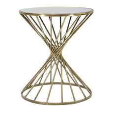 Estila Art deco príručný stolík Elizia so zlatou kovovou konštrukciou a okrúhlou zrkadlovou doskou so špirálovým dizajnom 50 cm