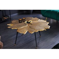 Estila Art deco konferenčný stolík Ginko zlatej farby v tvare listov s čiernymi nožičkami z kovu 90cm
