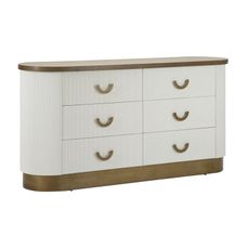 Estila Dizajnová art deco biela komoda Glamia Blanc so šiestimi zásuvkami s drážkovaným reliéfom a bronzovými detailmi 152 cm