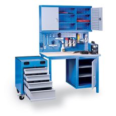 Perforovaný zadný panel na náradie k pracovným stolom GD, otvory 10 x 10 mm, rozstup 38 x 38 mm, modrá