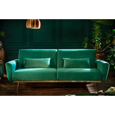 Estila Retro rozkladacia sedačka Balea II v zelenom zamatovom poťahu s medenými nohami 208cm