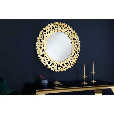 Estila Art deco závesné zrkadlo Flovia okrúhleho tvaru so zlatým kovovým rámom vytvoreným z okrúhlych lupeňov 82cm