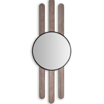 Estila Art deco nástenné okrúhle masívne zrkadlo Missy s čiernym kovovým rámom a hnedým dreveným dekorom 222 cm