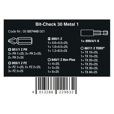 Wera 057440 Skrutkovacie bity 1/4" Bit-Check 30 Metal 1 SB (sada 30 kusov)