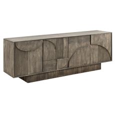 Estila Dizajnový sivý art deco obdĺžnikový príborník Sonia z mangového dreva so štyrmi dvierkami s geometrickým reliéfom 170 cm