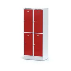 Šatníková skrinka na sokli s úložnými boxami, 4 boxy, 1920 x 800 x 500 mm, cylindrický zámok, červené dvere