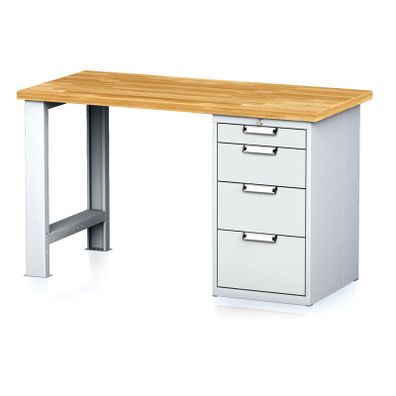 Dielenský pracovný stôl MECHANIC I, pevná noha + dielenský box na náradie, 4 zásuvky, 1500 x 685 x 880 mm, sivé dvere