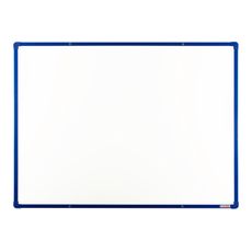 Biela magnetická popisovacia tabuľa s keramickým povrchom boardOK, 1200 x 900 mm, modrý rám