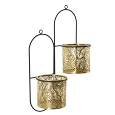 Estila Glamour nástenné oválne zlaté kovové kvetináče Gasin s florálnymi vyrezávanými vzormi s čiernou konštrukciou 48 cm