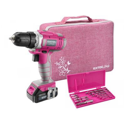 Aku vŕtací skrutkovač, ružový, 12V Li-ion, 1300mAh - sada v taške