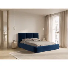 Tmavomodrá zamatová čalúnená dvojlôžková posteľ s úložným priestorom s roštom 200x200 cm Brody – Mazzini Beds
