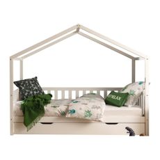 Biela domčeková detská posteľ z borovicového dreva s výsuvným lôžkom a úložným priestorom 90x200 cm DALLAS – Vipack
