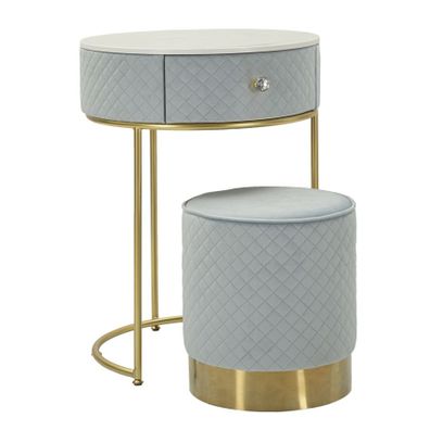 Estila Art deco sada toaletného stolíka a taburetky Glamia Tapisé s nebovo modrým zamatovým poťahom a zlatými podstavami 52 cm