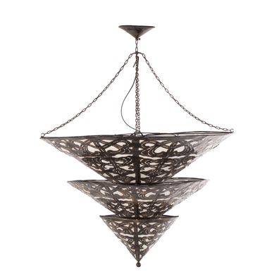 Estila Dizajnový vintage závesný bronzový kovový luster Triangle v kužeľovom tvare s plátenným poťahom v béžovej farbe 100 cm