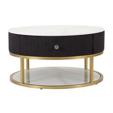 Estila Art deco čierny okrúhly konferenčný stolík Glamia Tapisé s dvomi zásuvkami a zlatou konštrukciou a s bielou doskou 75 cm