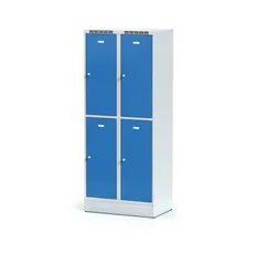 Šatníková skrinka na sokli s úložnými boxami, 4 boxy, 1920 x 800 x 500 mm, cylindrický zámok, modré dvere