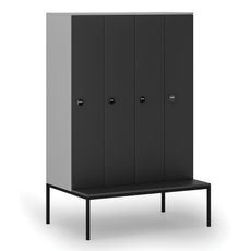 Drevená šatníková skrinka s lavičkou, 4 oddiely, 1871 x 1200 x 500/800 mm, RFID zámok, sivá/grafit