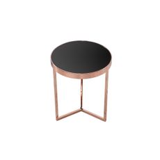 Estila Art deco okrúhly medený kovový príručný stolík Lava s čiernou lesklou sklenenou doskou a trojramennou podstavou 50 cm