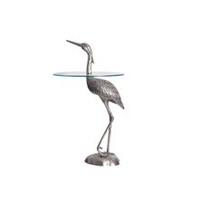 Estila Dizajnový okrúhly príručný stolík Ardea so skulpturálnou podstavou v tvare volavky v striebornej farbe 88 cm