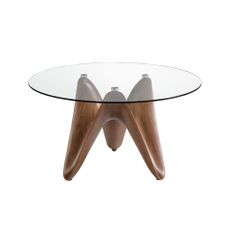 Estila Luxusný moderný sklenený okrúhly jedálenský stôl Vita Naturale s dizajnovou hnedou drevenou podstavou 130 - 140 - 150 cm