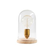 Estila Dizajnová retro stolná lampa Edison s hnedou drevenou podstavou a priehľadným skleneným tienidlom 22 cm